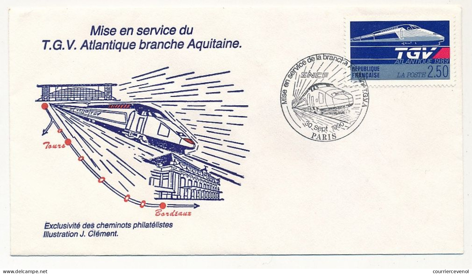 FRANCE => Env. Lllustrée - 2,50F TGV Atlantique - Mise En Service Du T.G.V. Atl. Branche Aquitaine - 30 Sept 1990 Paris - Eisenbahnen