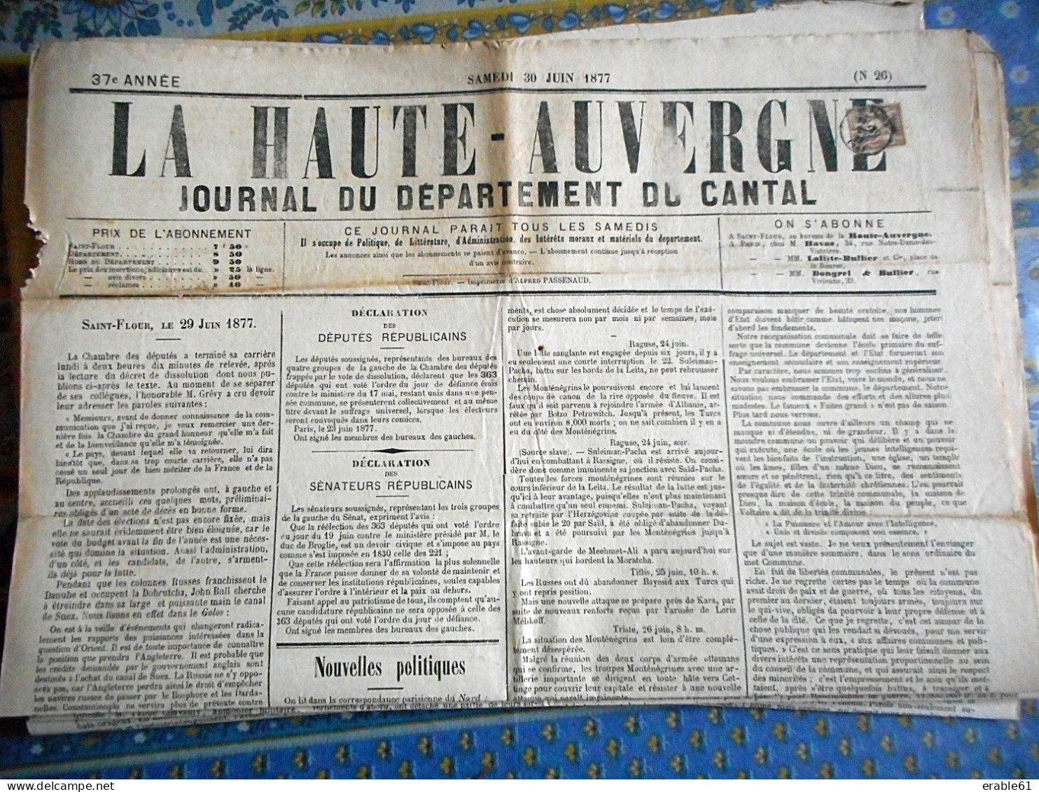 2C SAGE BRUN REPUB FRANC  Cachet De ST FLOUR Sur Journal LA HAUTE AUVERGNE CANTAL Du 3O JUIN 1877 - Giornali