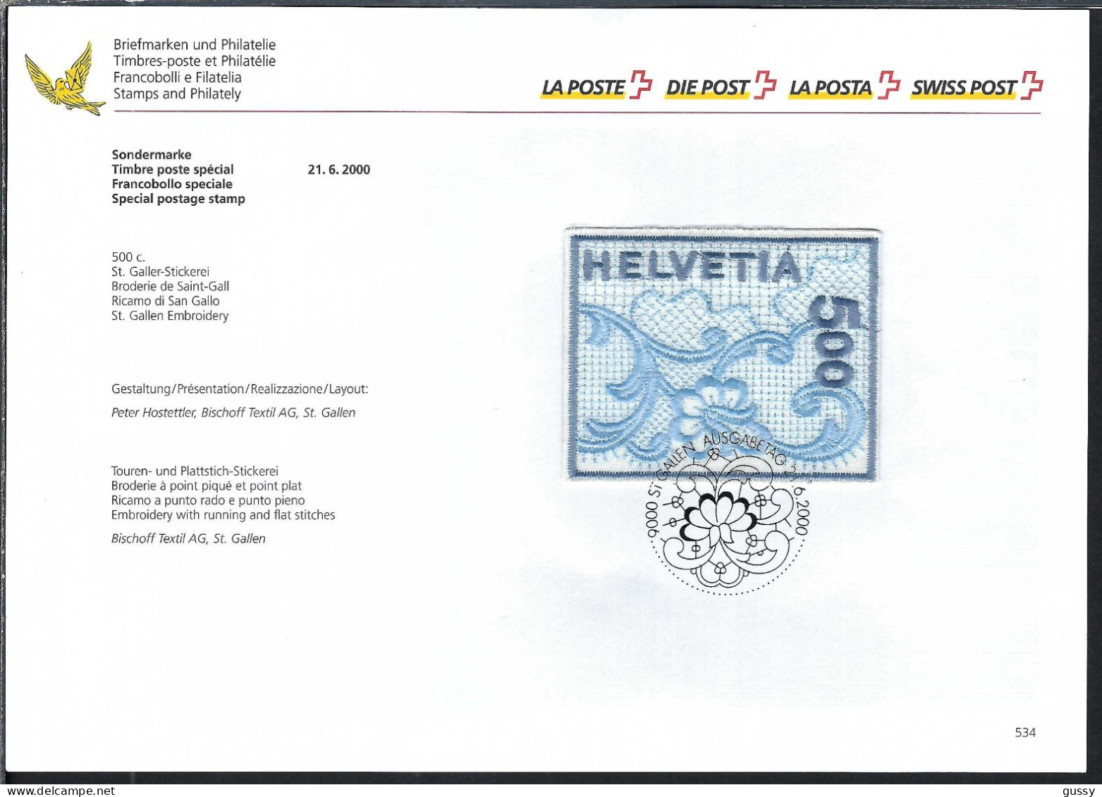 SUISSE 2000: Encart Officiel FDC Du ZNr. 998 ("NABA 2000"), 1er Timbre Tri-dimensionnel En Broderie De St Gall Véritable - Cartas & Documentos