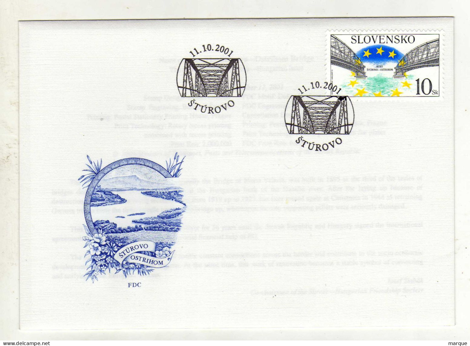 Enveloppe 1er Jour SLOVAQUIE SLOVENSKO Oblitération STUROVO 11/10/2001 - FDC