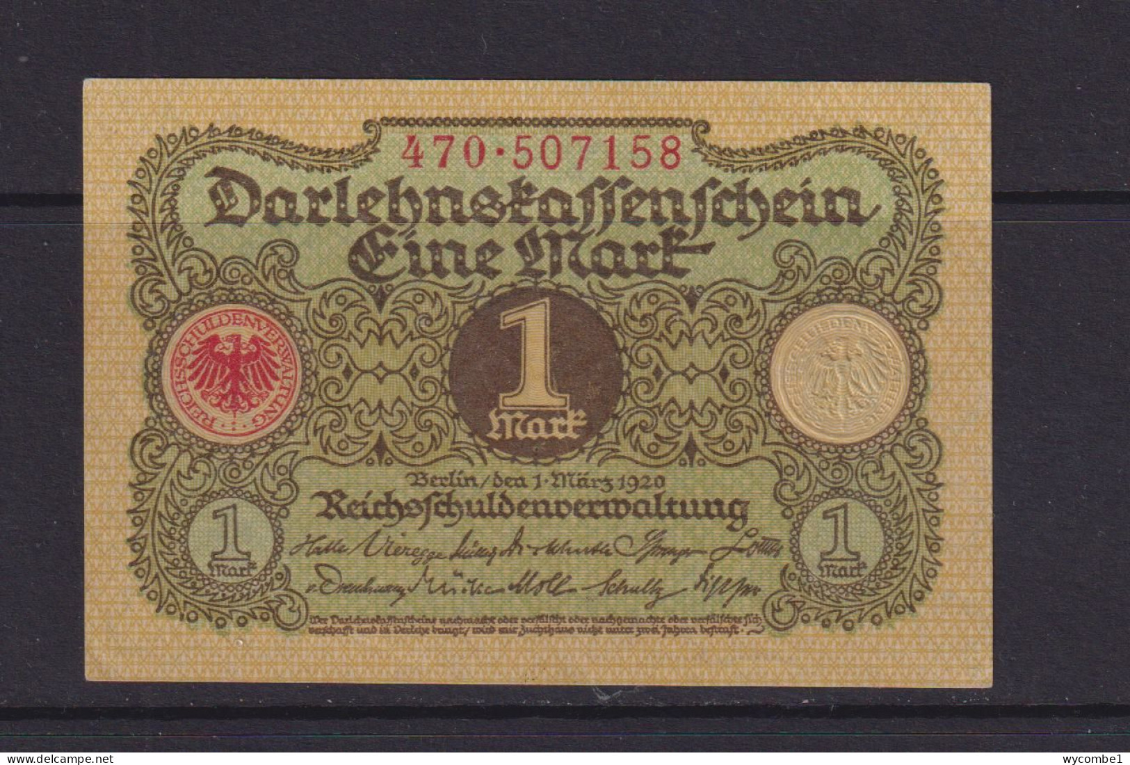 GERMANY - 1920  Darlehenskassenschein 1 Mark AUNC Banknote - 1 Mark