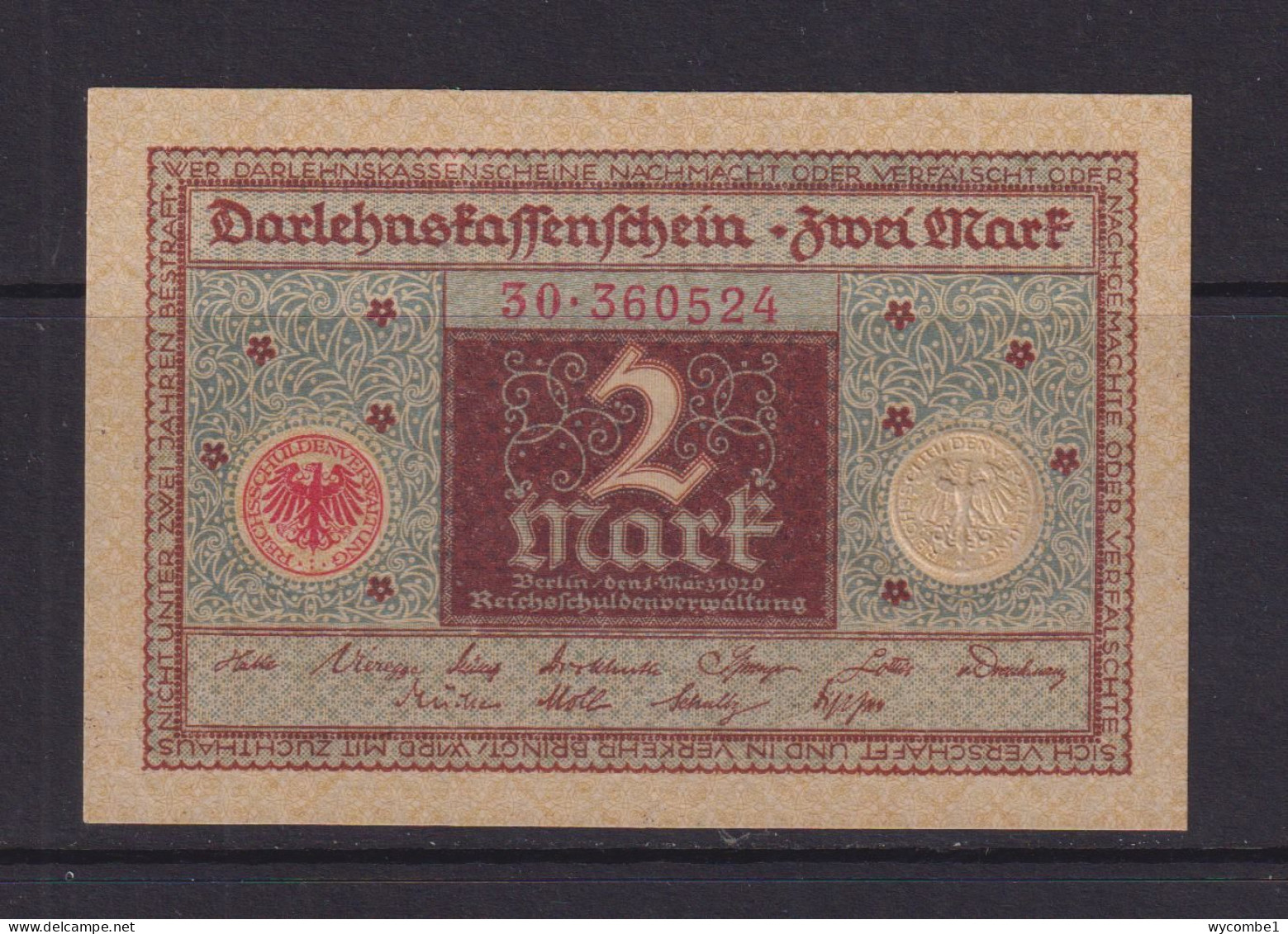 GERMANY - 1920  Darlehenskassenschein 2 Mark AUNC Banknote - 2 Mark