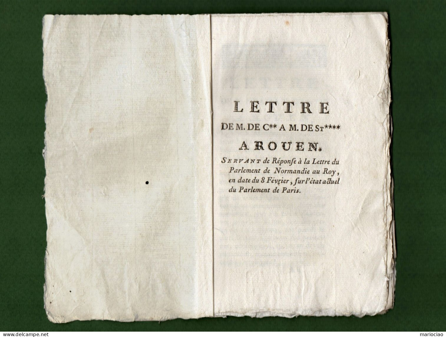 L-FR VOLTAIRE Lettre De M. De C°° à M. De ST°°°° à Rouen 1771 - 1701-1800