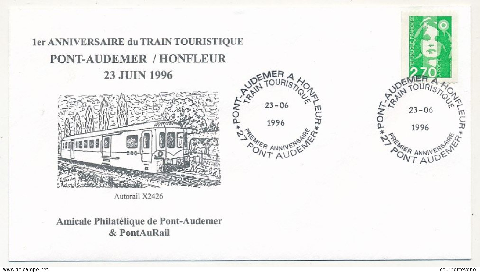 FRANCE => Env. Lllustrée - 2,70F Briat - 1er Anniversaire Du Train Touristique Pont-Audemer / Honfleur 23 Juin 1996 - Trenes