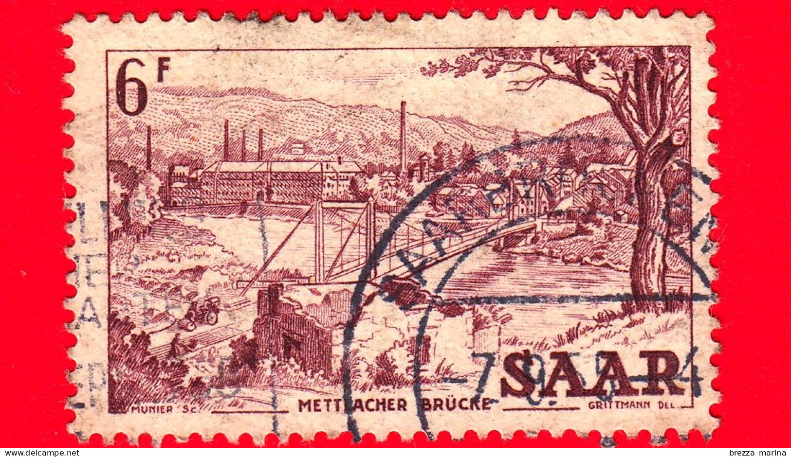 SARRE - SAAR - Usato - 1953 - Ponte Di Corda A Mettlach - 6 - Oblitérés