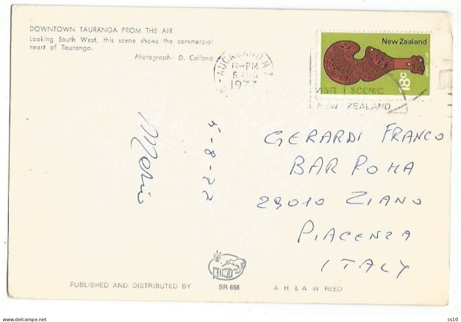 New Zealand Airmail Postcard Tauranga View From Auckland 5aug1977 To Italy With Maori Club C.18 Solo Franking - Storia Postale