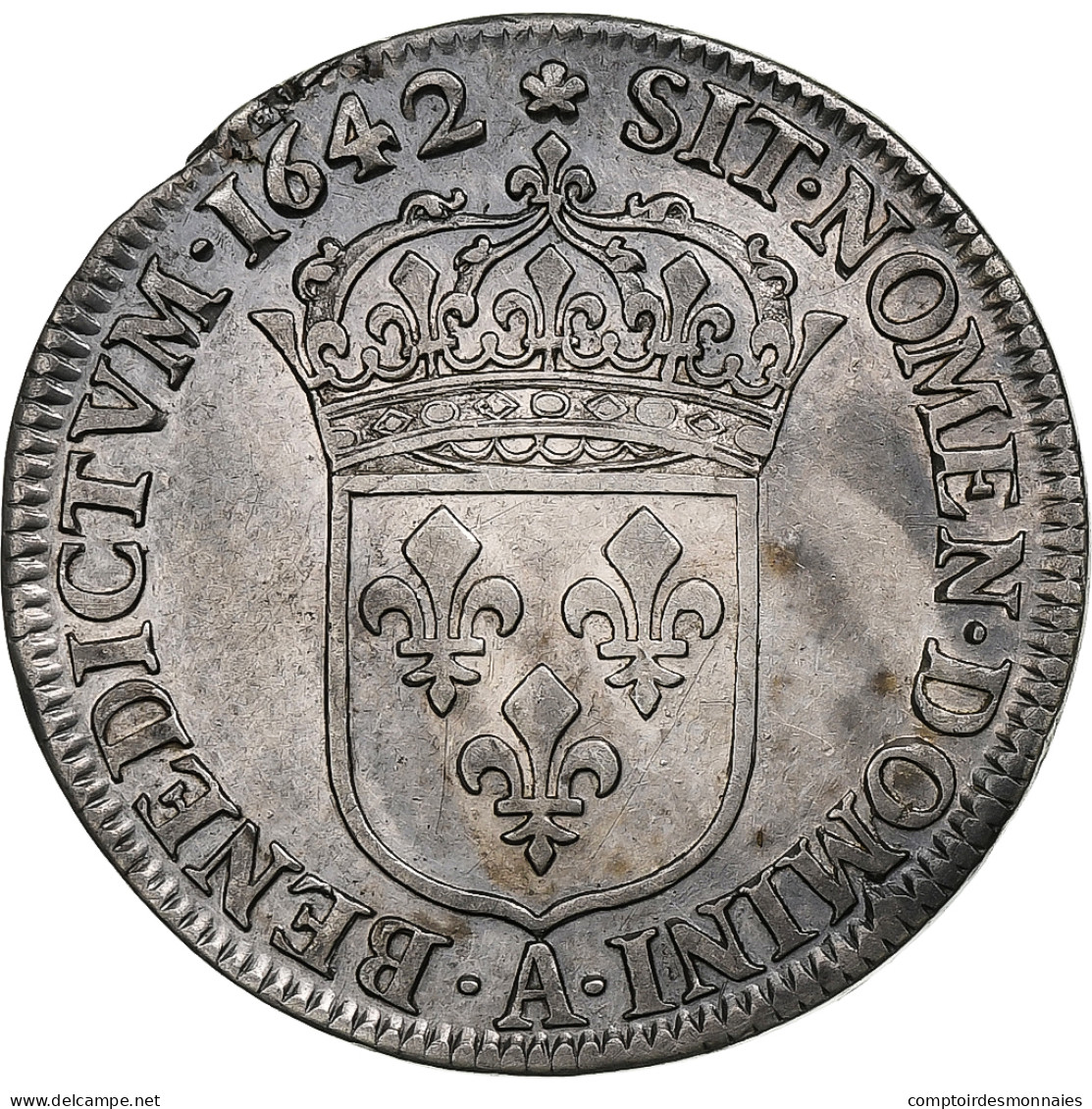 France, Louis XIII, 1/4 Ecu, 1642, Paris, Rose, Argent, TTB+, Gadoury:48 - 1610-1643 Luis XIII El Justo