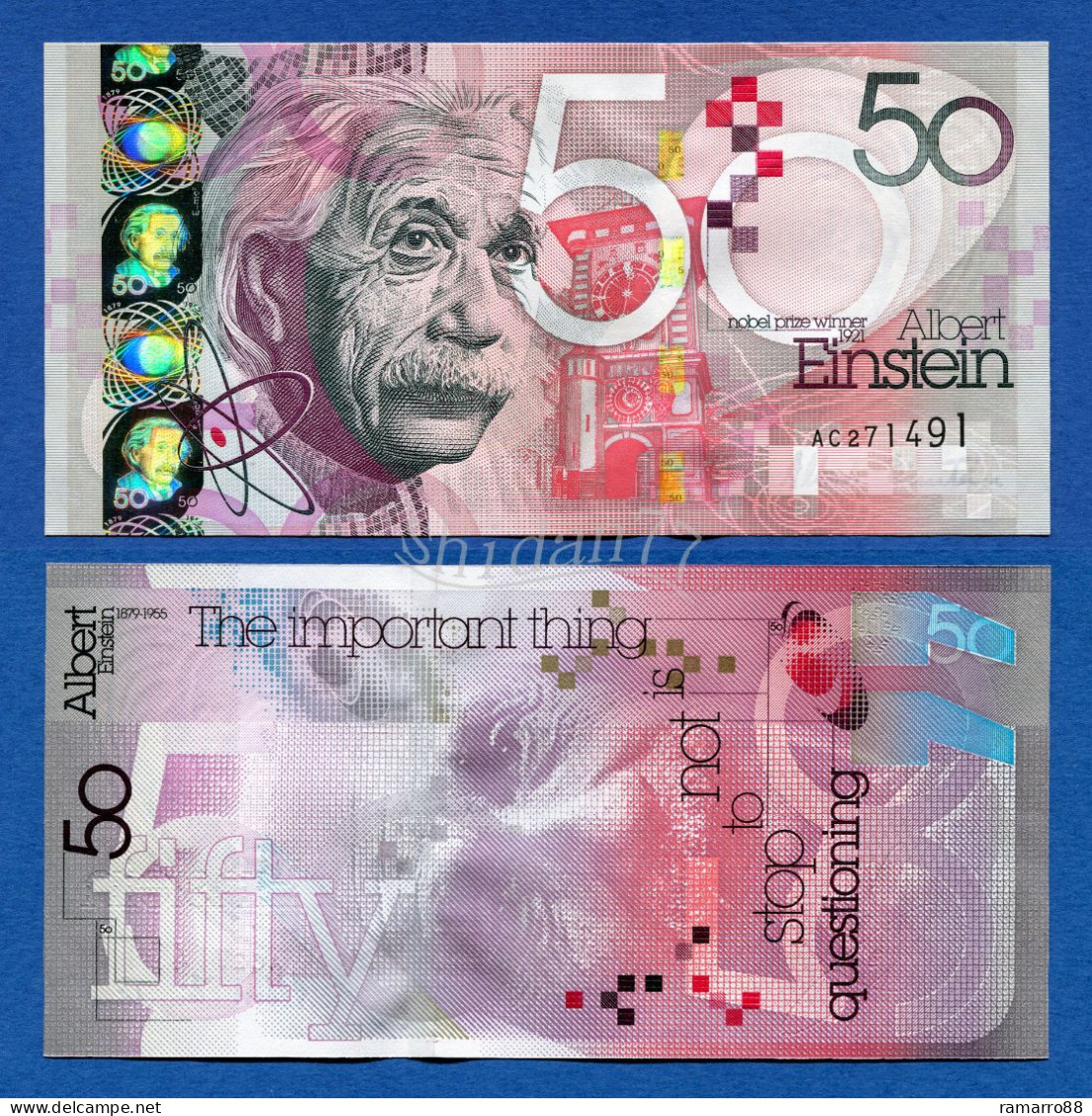 De La Rue - Albert Einstein - 50 Units Depth Thread - 2010 Specimen Test Note Unc - Specimen