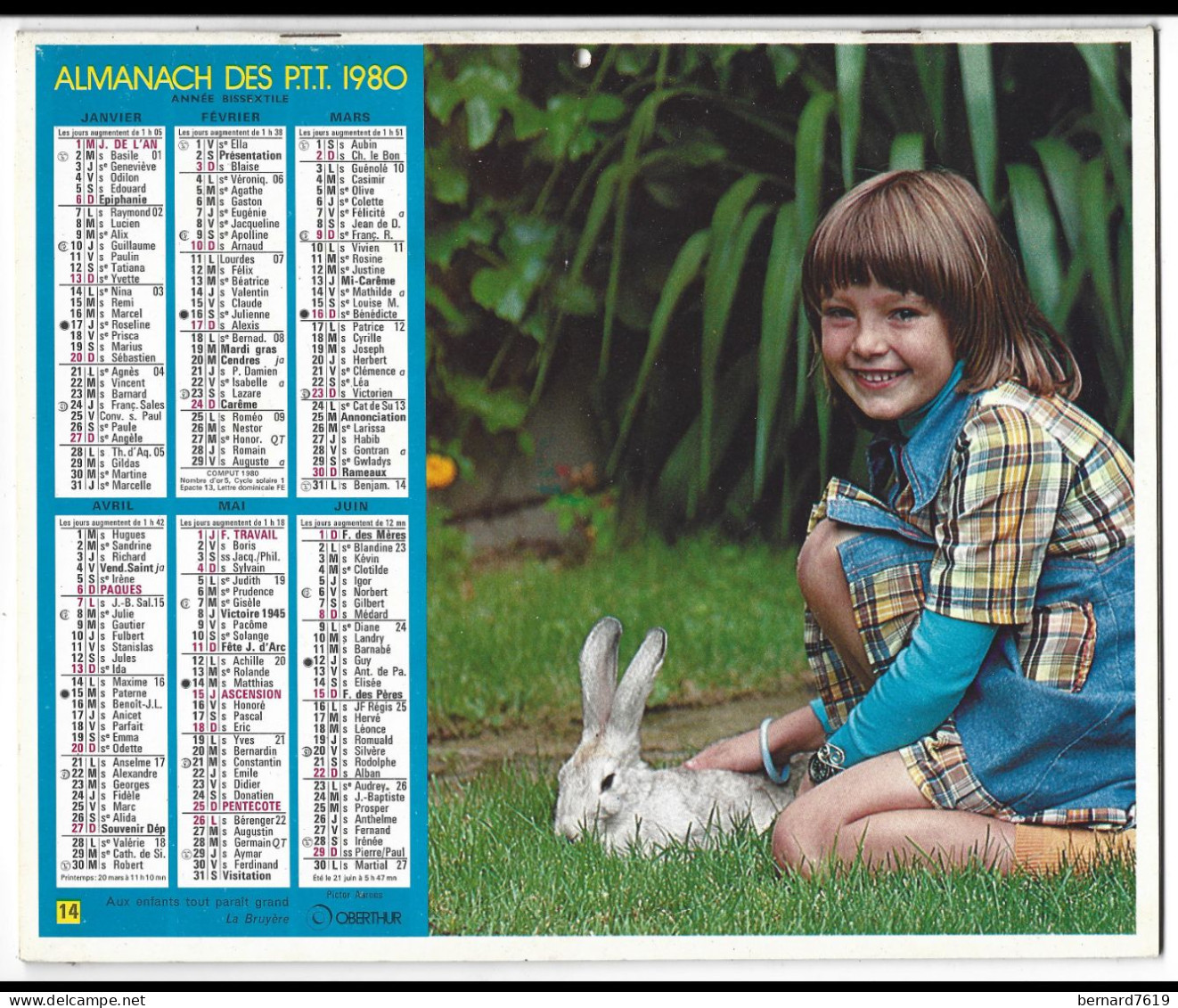 Almanach  Calendrier  P.T.T  -  La Poste -  1980 -  Enfant - Lapin - Big : 1971-80