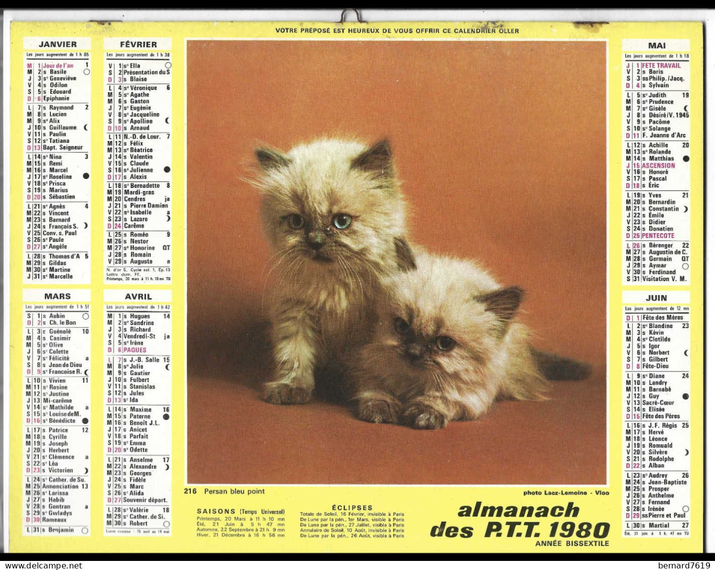 Almanach  Calendrier  P.T.T  -  La Poste -  1980 -  Chat - Oiseau - Formato Grande : 1971-80