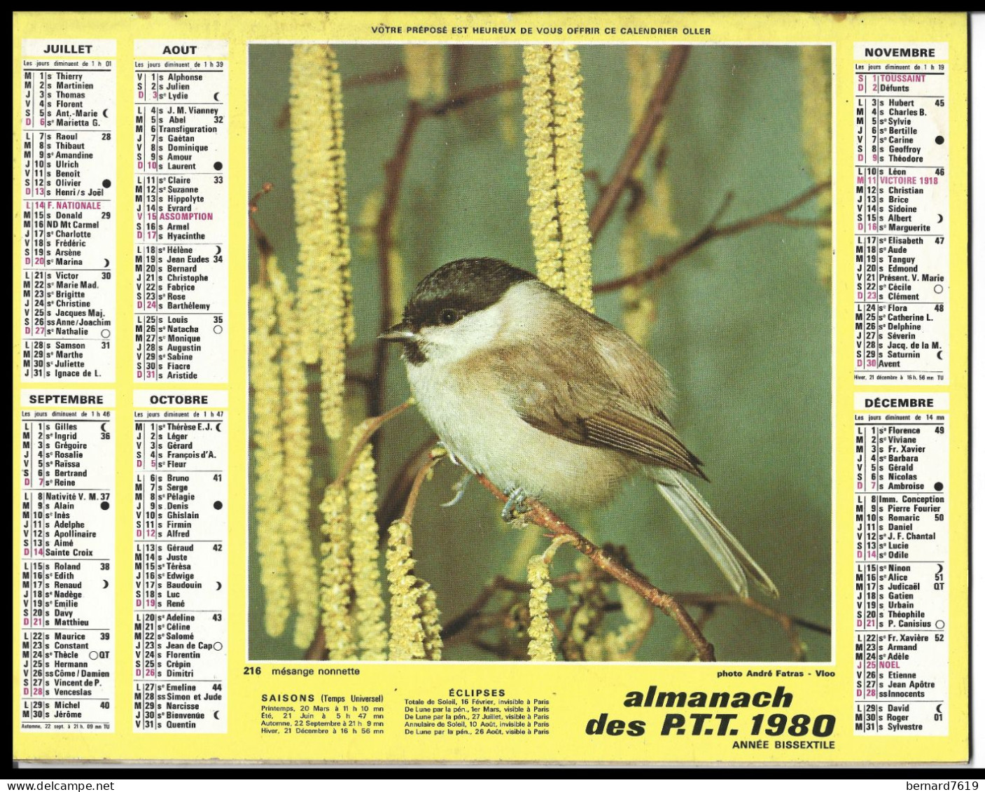 Almanach  Calendrier  P.T.T  -  La Poste -  1980 -  Chat - Oiseau - Grand Format : 1971-80