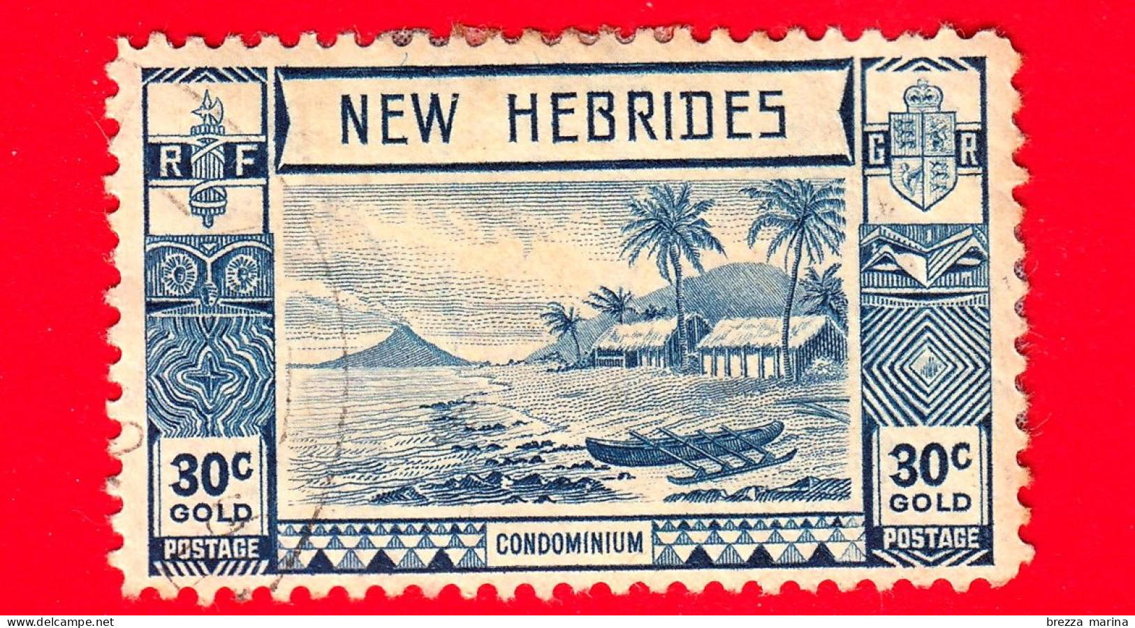 NUOVE EBRIDI - 1938 -  Paesaggi Indigeni - Isola Di Lopevi E Canoa Kopra Con Vulcano - 30 - Usati