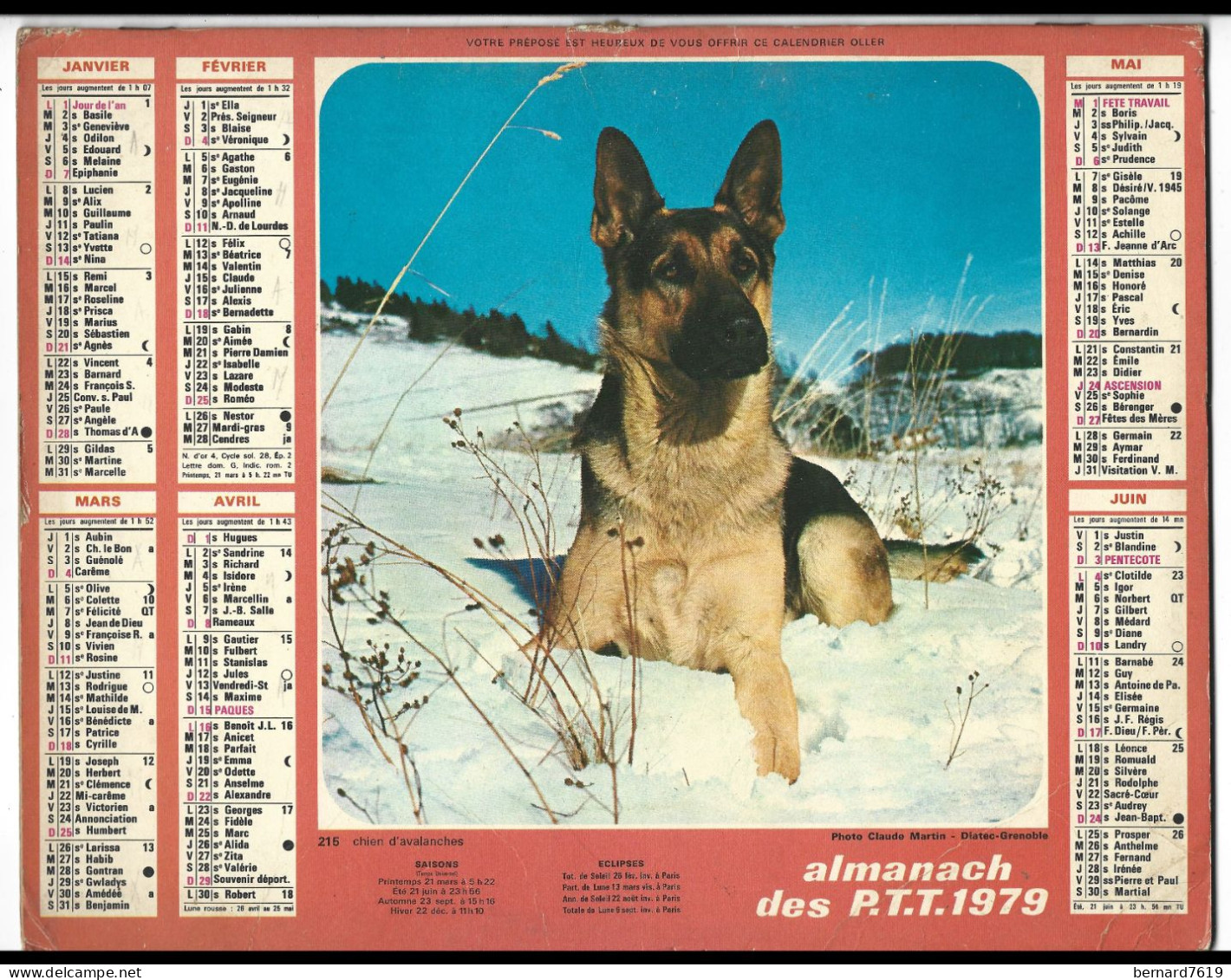 Almanach  Calendrier  P.T.T  -  La Poste -  1979 - Chien D'avalanches - - Troupeau De Moutons - Big : 1971-80