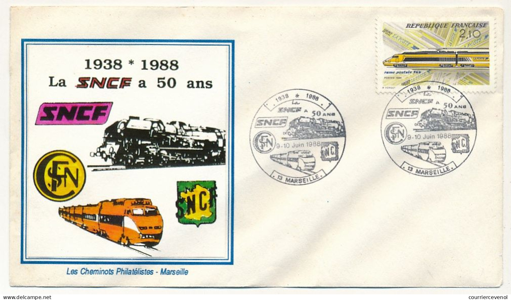 Env Illustrée Affr. 2,10F TGV Postal - La SNCF A 50 Ans 1938-1988 - 13 MARSEILLE - 9/10 Juin 1988 - Trenes
