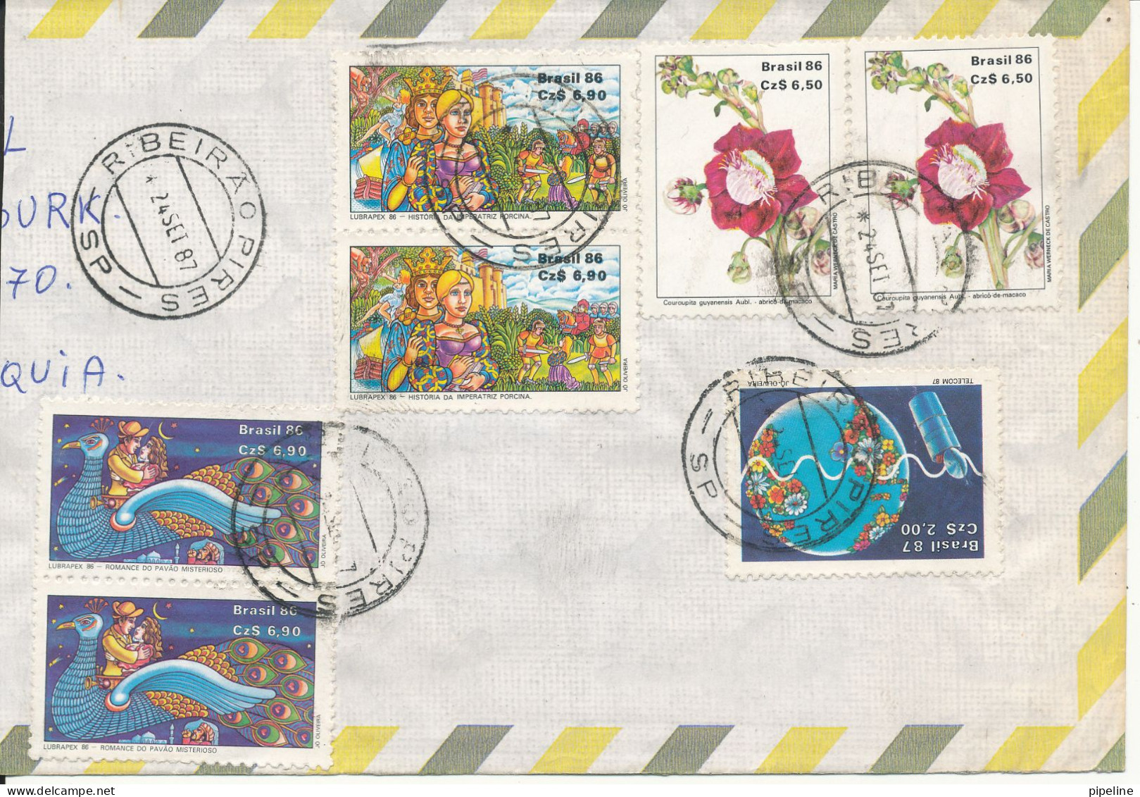 Brazil Air Mail Cover Sent To Czechoslovakia 24-9-1987 With A Lot Of Stamps (the Cover Is Cut In The Left Side) - Luchtpost