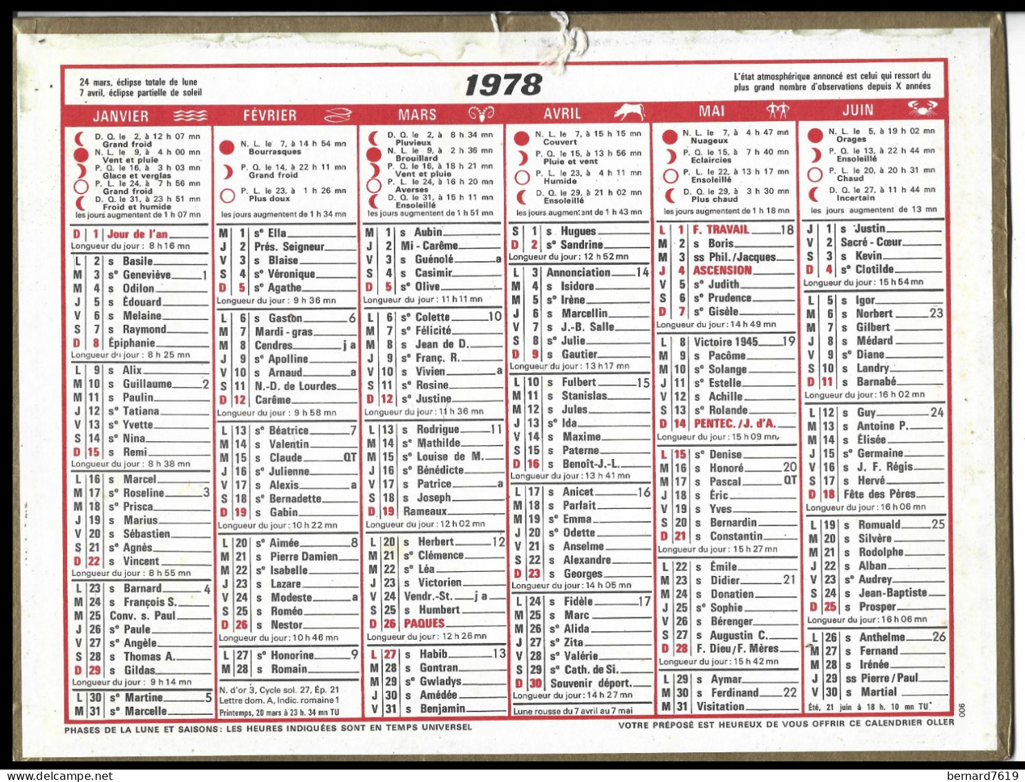 Almanach  Calendrier  P.T.T  -  La Poste -  1978 - Formato Grande : 1971-80