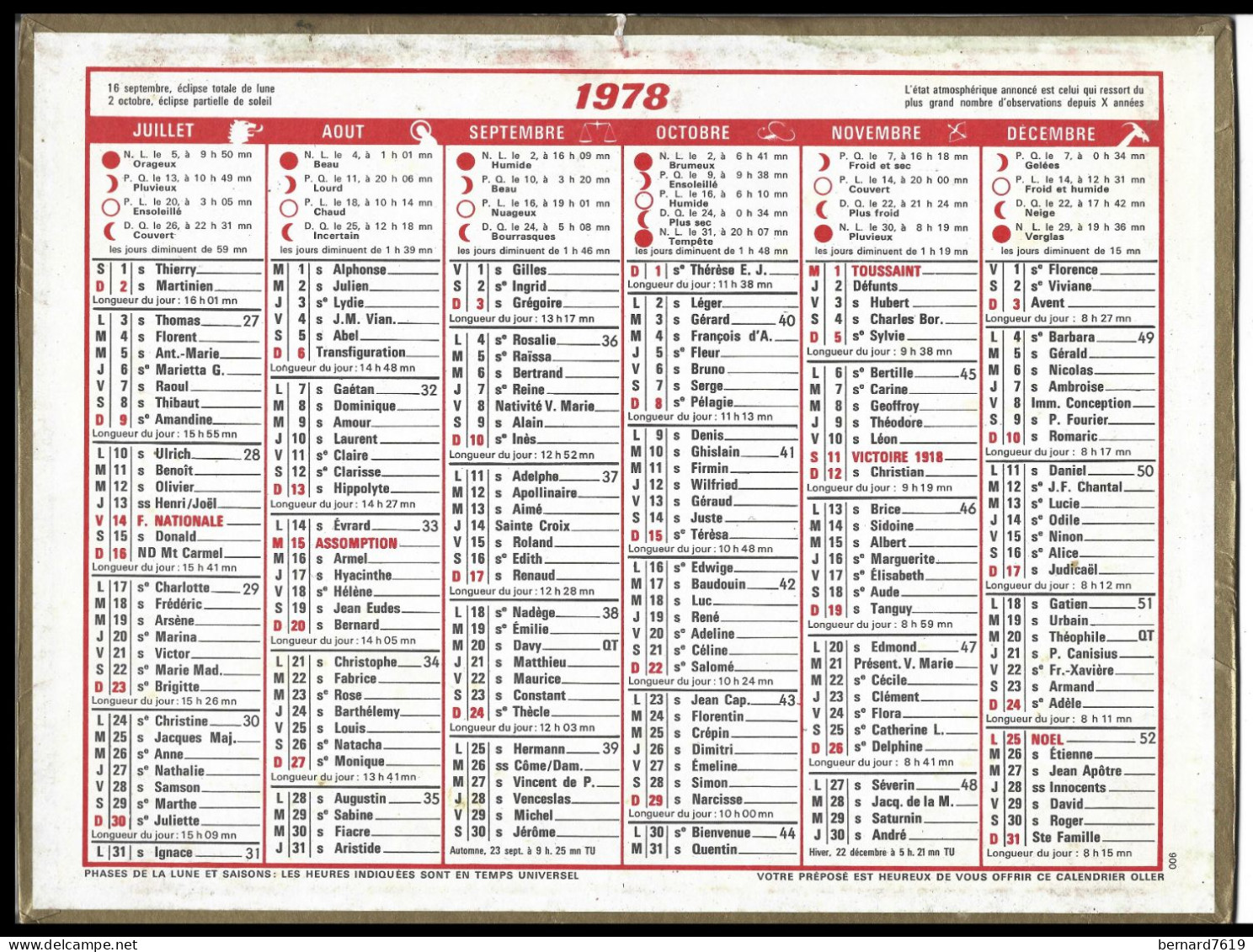 Almanach  Calendrier  P.T.T  -  La Poste -  1978 - Grossformat : 1971-80