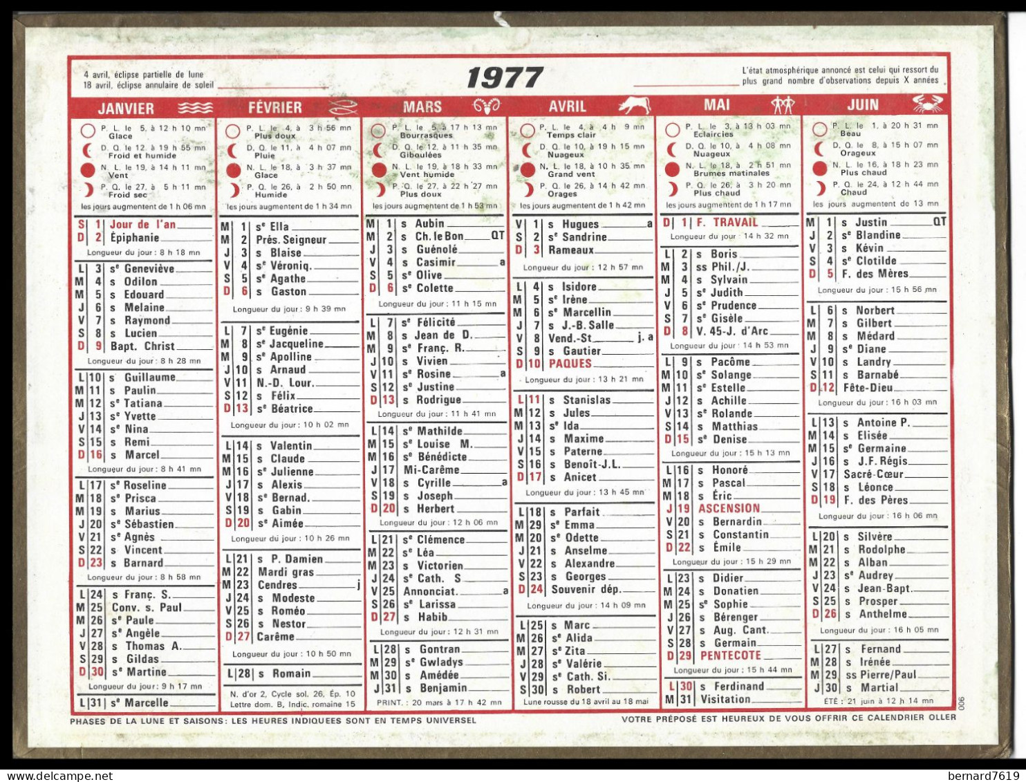 Almanach  Calendrier  P.T.T  -  La Poste -  1977 - Big : 1971-80