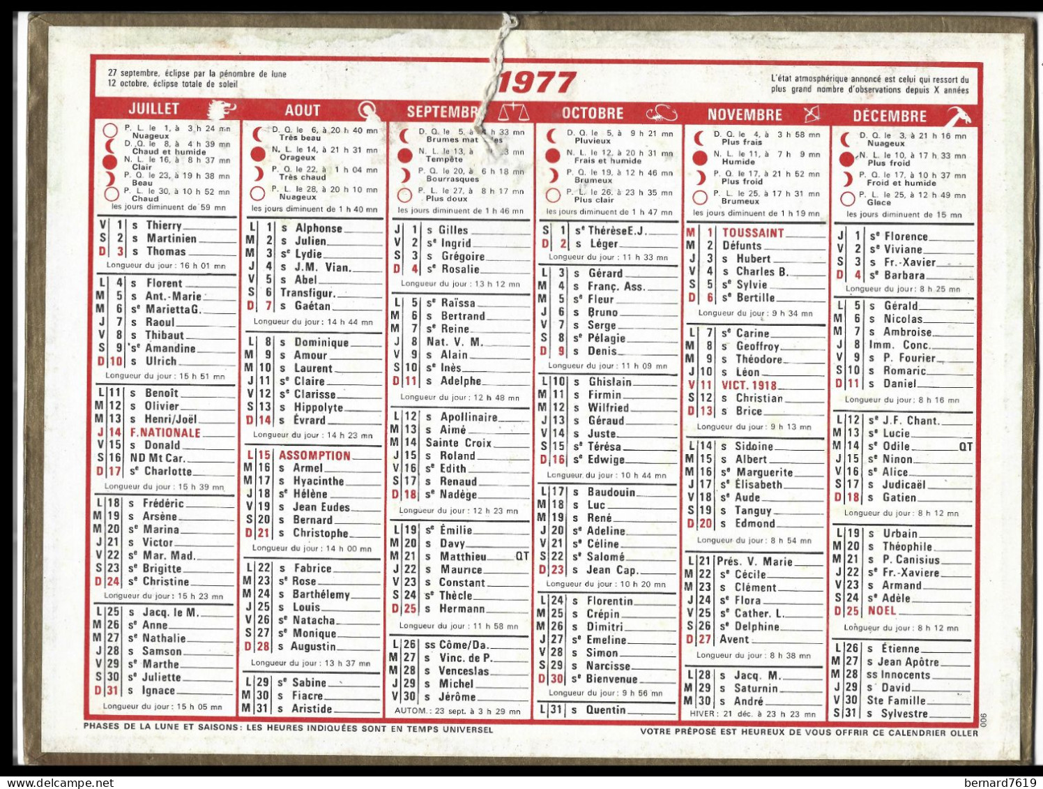 Almanach  Calendrier  P.T.T  -  La Poste -  1977 - Big : 1971-80