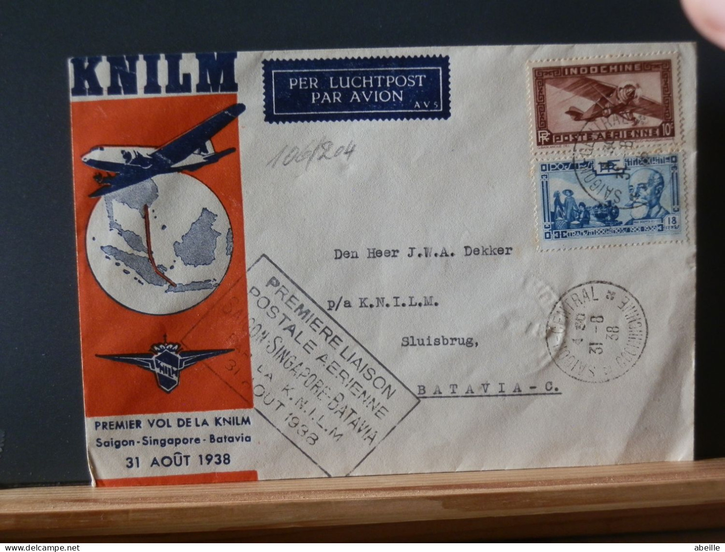 106/204   LETTRE INDOCHINE 1° VOL SAIGON BATAVIA  1938 - Luchtpost