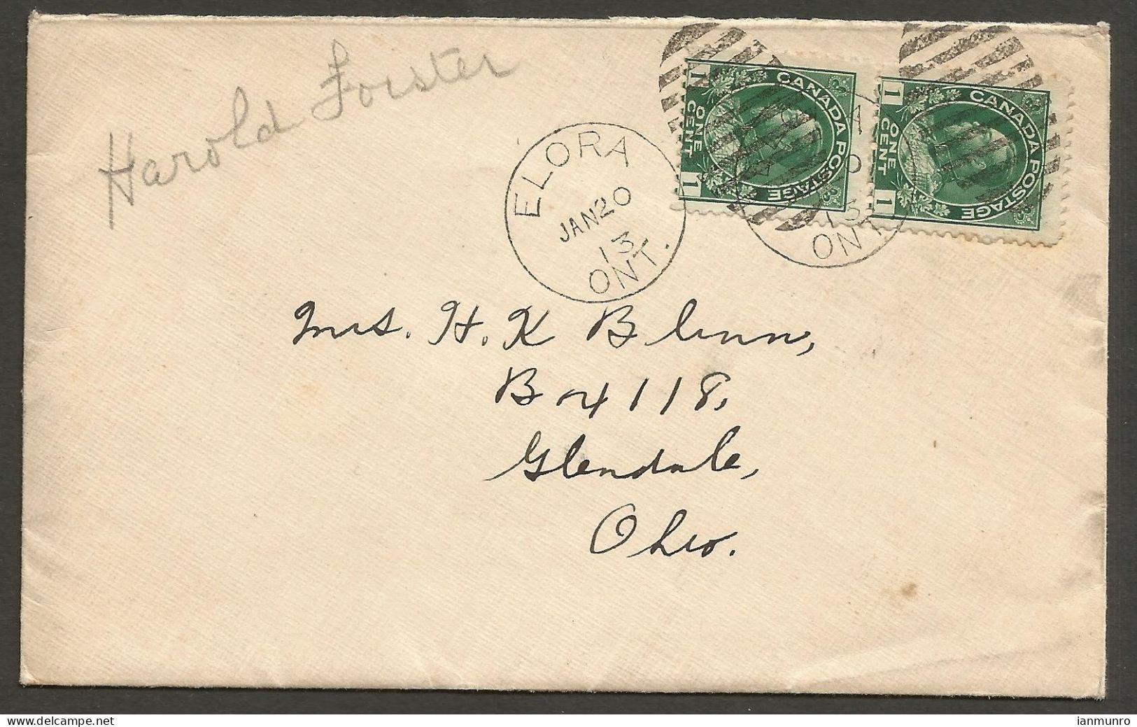 1913 Cover 2x1c Admirals Duplex Elora Ontario To USA - Postgeschiedenis