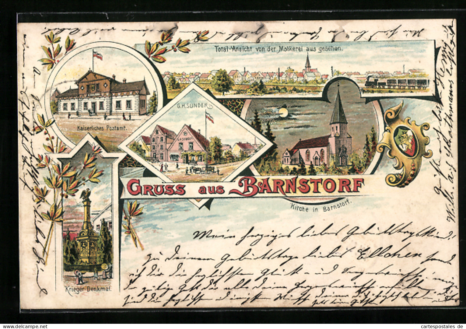 Lithographie Barnstorf / Diepholz, Gasthaus G. H. Sunder, Krieger-Denkmal, Post, Totalansicht, Kirche  - Diepholz