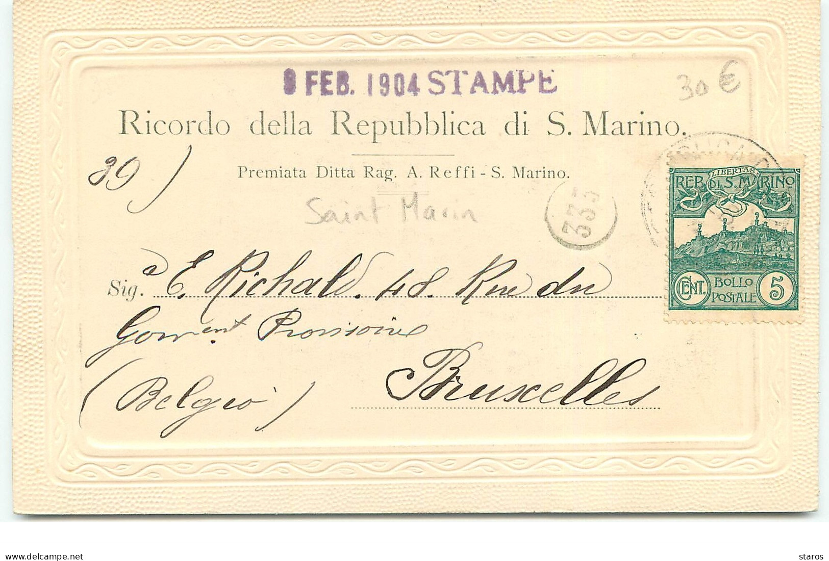 Carte Gaufrée - SAINT-MARIN - Concerto Militare - Farmacia Morri - Saint-Marin