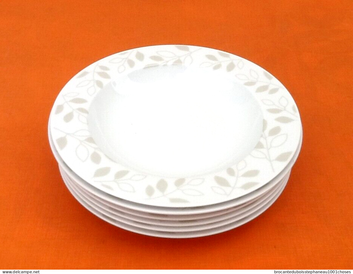 6 Assiettes Creuses  Porcelaine Blanche à Décor De Feuillage - Assiettes