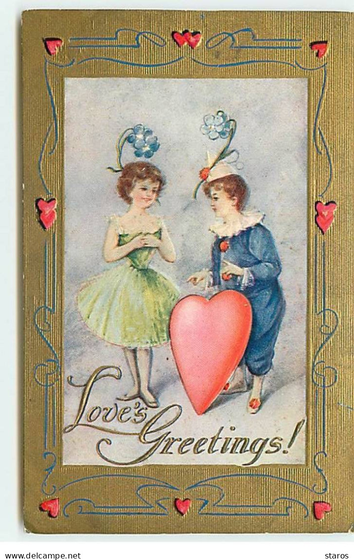 Saint-Valentin - Carte Gaufrée - Love's Greetings - Pierrot Et Colombine Autour D'un Coeur - Saint-Valentin