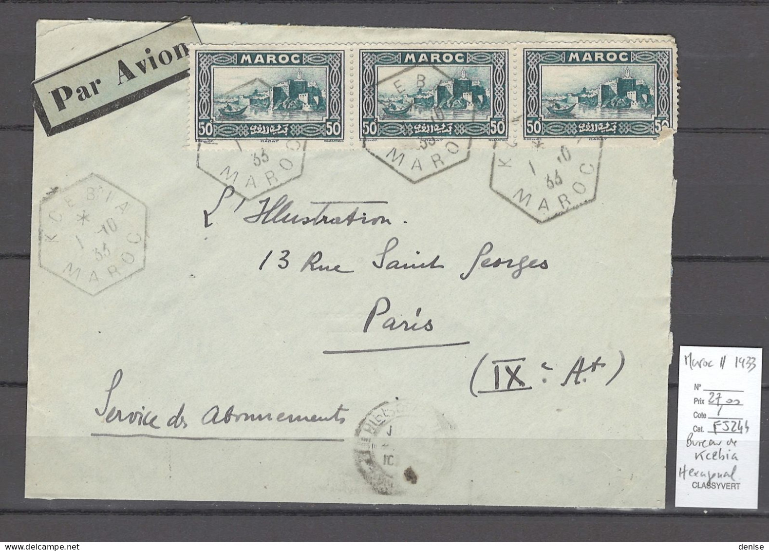 Maroc - Bureau De KCEBIA -1933 - Hexagonal - Airmail