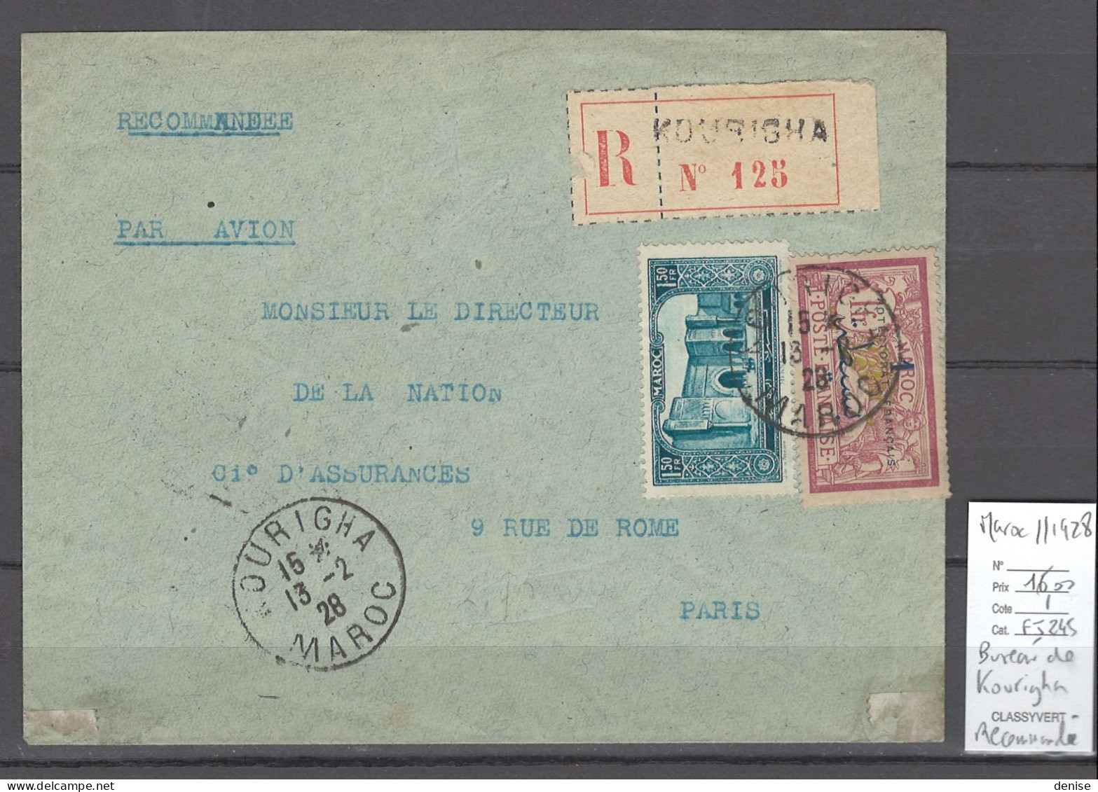 Maroc - Bureau De KOURIGHA - 1928 - Recommandée - Poste Aérienne