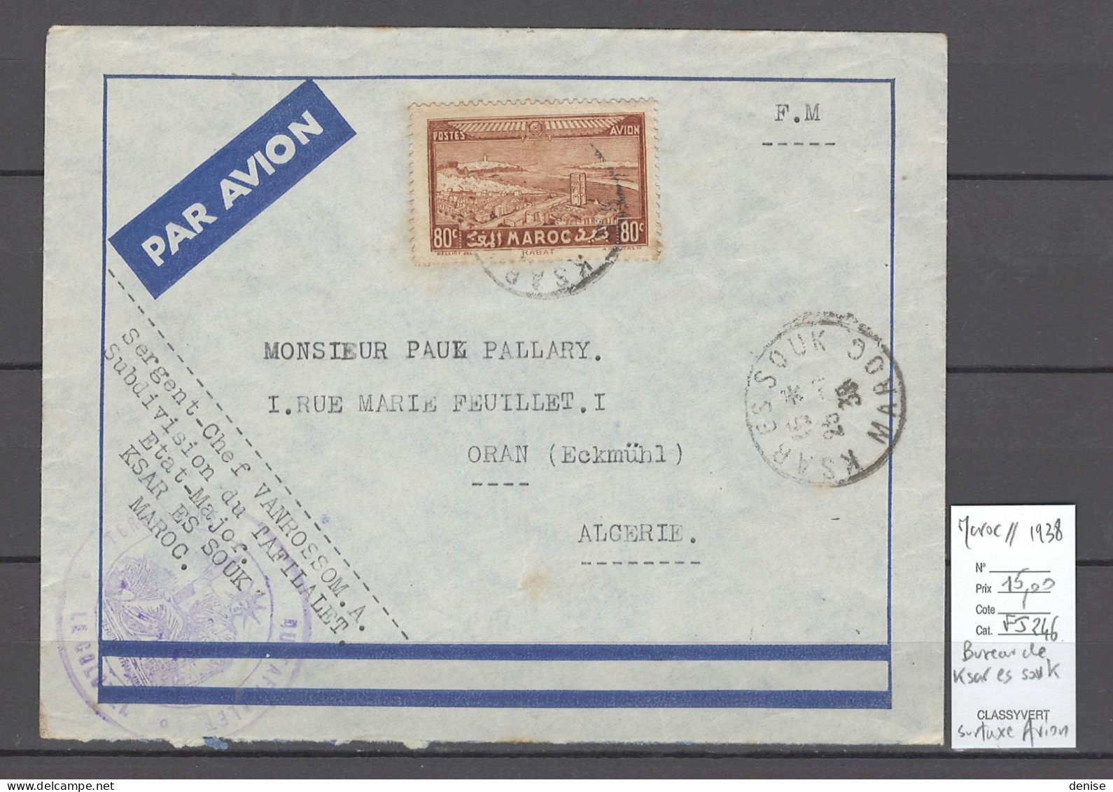 Maroc - Bureau De Ksar Es Souk - 1938 - FM Avec Surtaxe Avion - Poste Aérienne