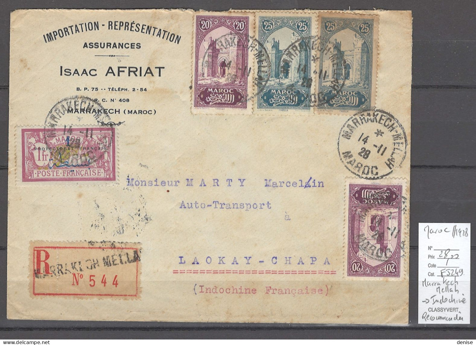 Maroc - Bureau De Marrakech Mellah - 1928 Recommandée Pour L'Indochine - Poste Aérienne