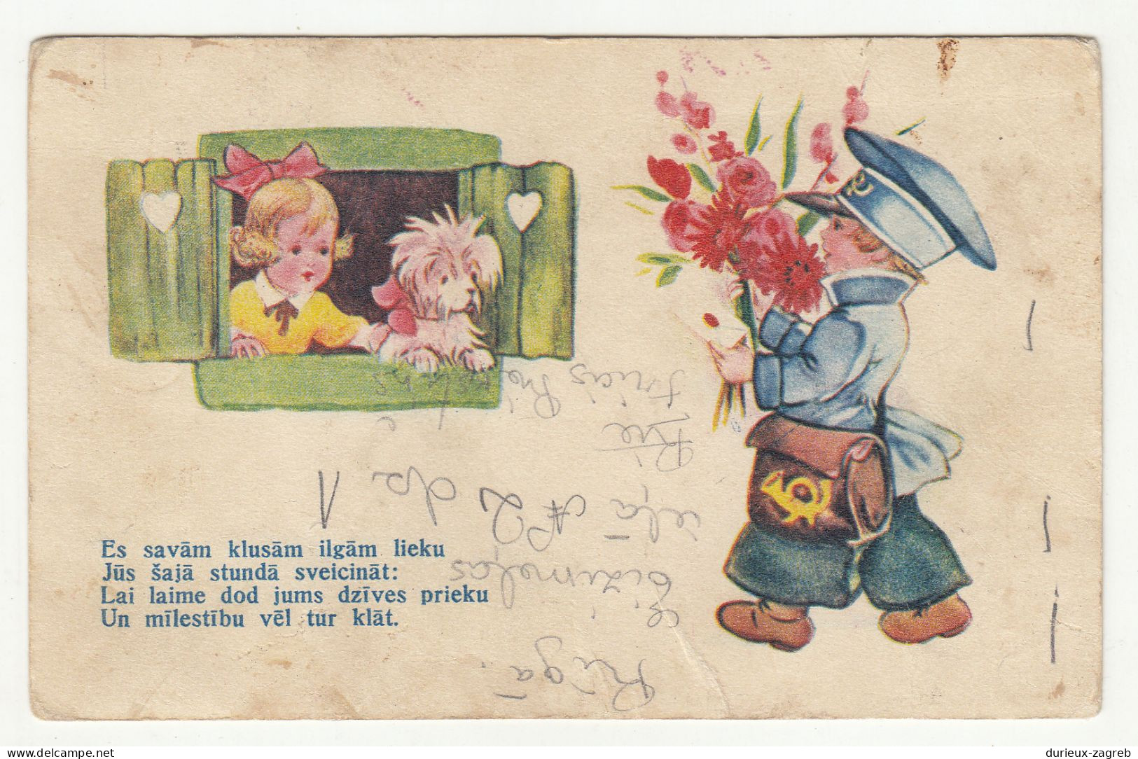 A Postman Boy Brings Flowers To A Little Girl With A Dog Old Postcard Posted Riga 1936 B240301 - Lettonie