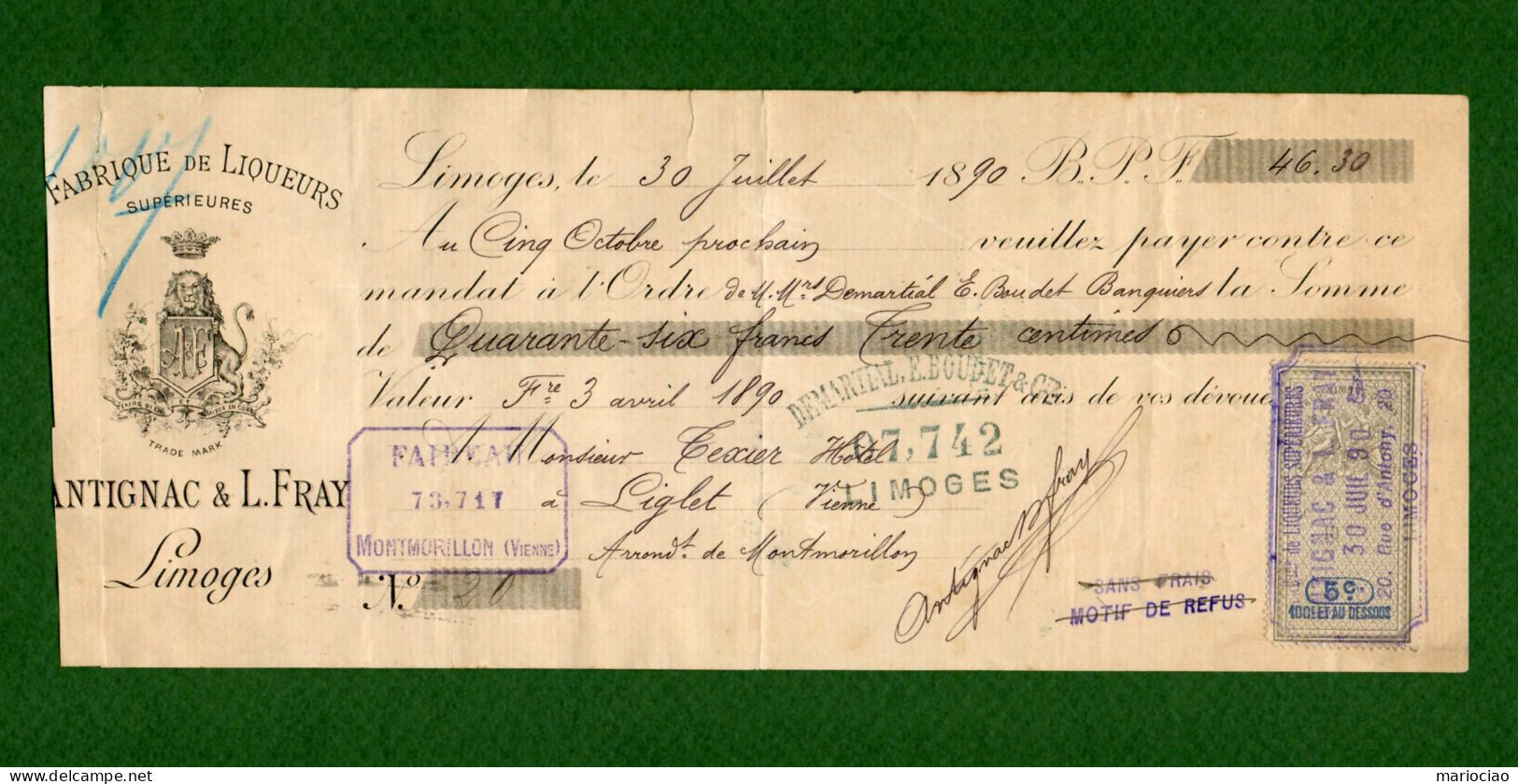 DC-FR 87 Limoges 1890 Fabrique De Liqueurs Superieures ANTIGNAC & L. FRAY - Bills Of Exchange