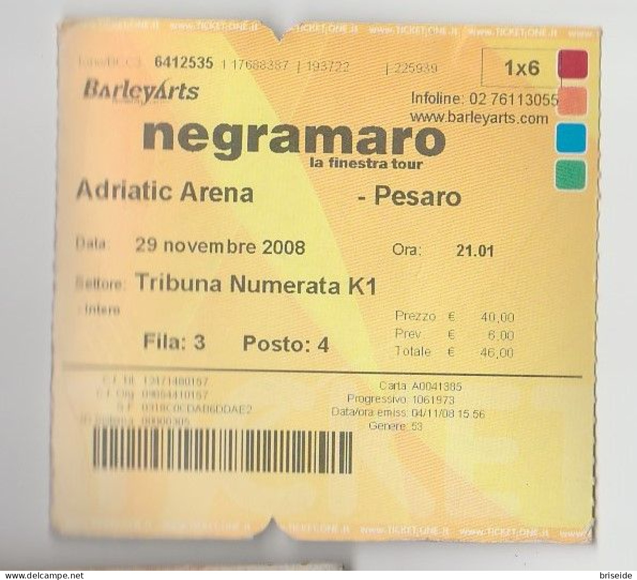 BIGLIETTO D'INGRESSO ADRIATIC ARENA PESARO NEGRAMARO LA FINESTRA TOUR 29 NOVEMBRE 2008 - Biglietti D'ingresso