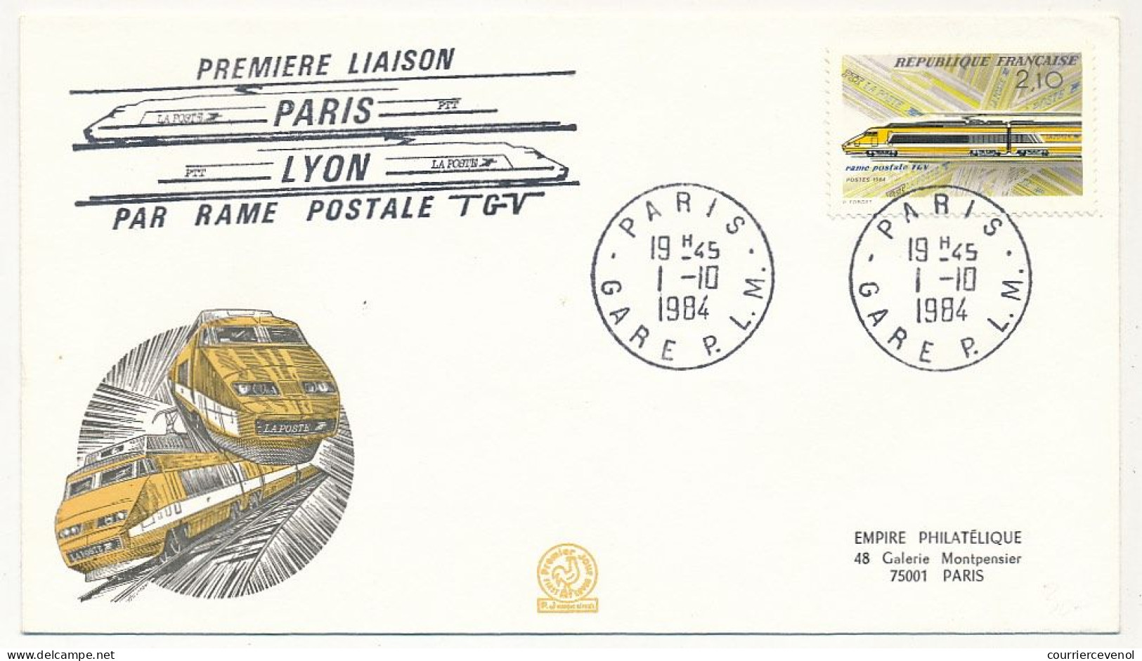 FRANCE - Env Illustrée 2,10 TGV Postal - Première Liaison Paris Lyon Par Rame Postale TGV - 1/10/1984 - Eisenbahnen