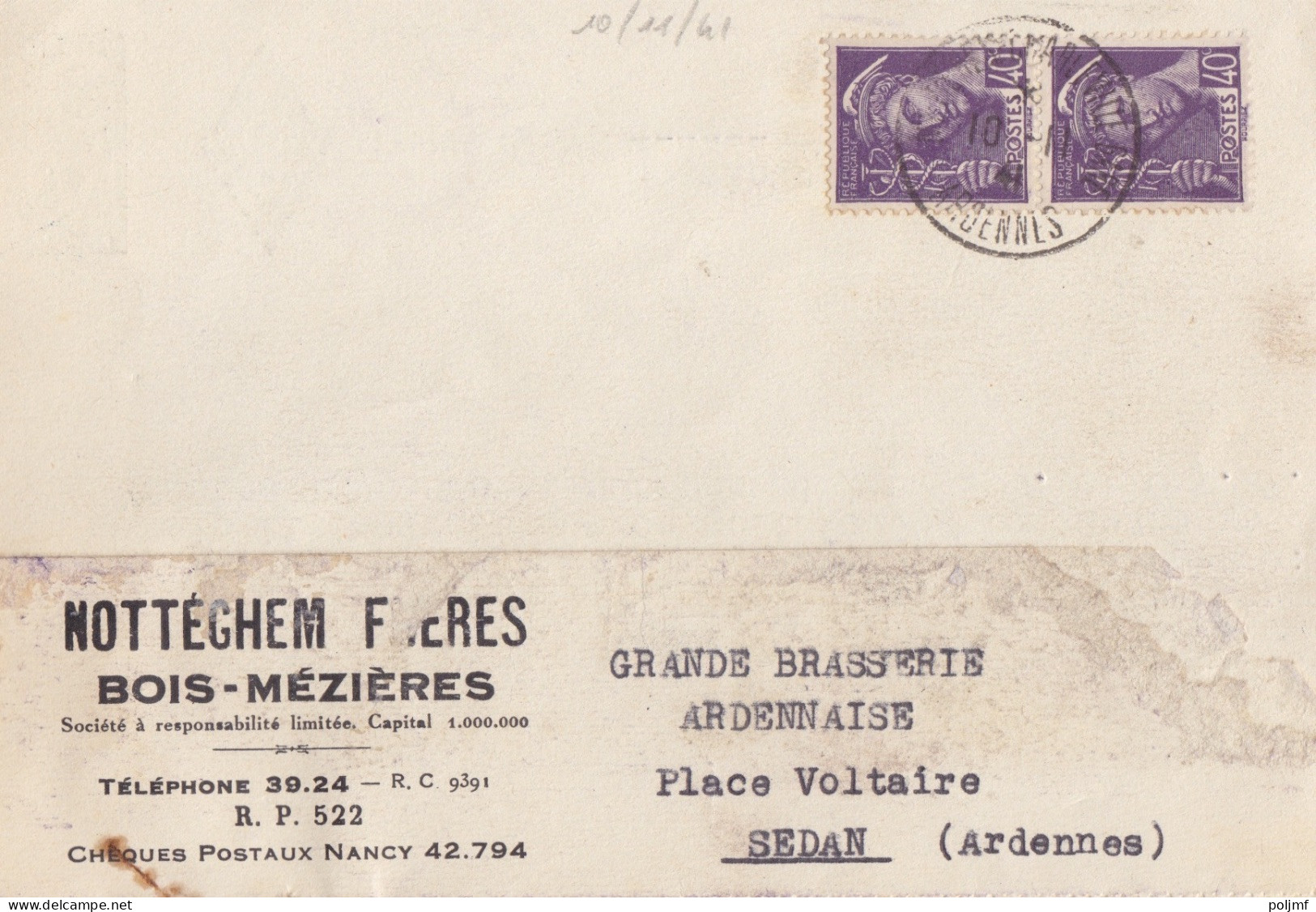 CP "Bois - Mézières" Obl. Mézières-Charleville Le 10/11/ 41 Sur 40c X 2 Mercure N° 413 (tarif Du 1/12/39) Pour Sedan - 1938-42 Mercurius