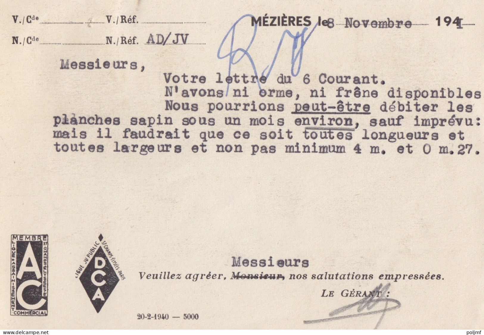 CP "Bois - Mézières" Obl. Mézières-Charleville Le 10/11/ 41 Sur 40c X 2 Mercure N° 413 (tarif Du 1/12/39) Pour Sedan - 1938-42 Mercurius