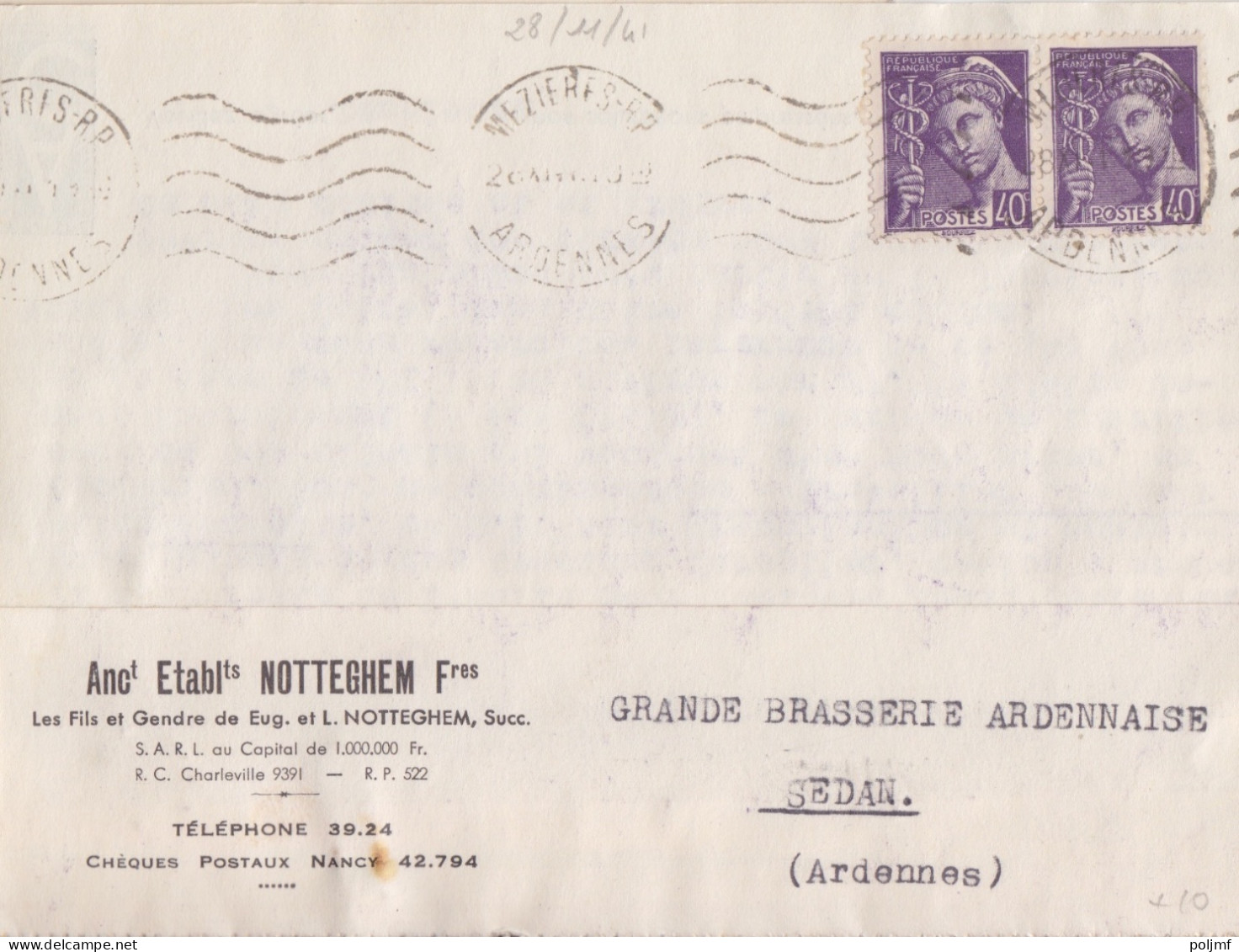 CP "Anc. Ets Nottegheim" Obl. Mézières RP Le 28/11/ 41 Sur 40c X 2 Mercure N° 413 (tarif Du 1/12/39) Pour Sedan - 1938-42 Mercurius