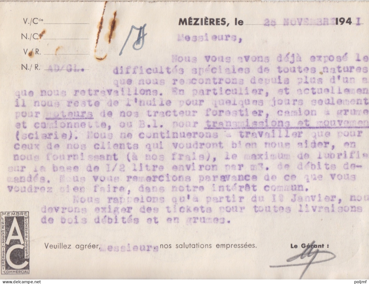 CP "Anc. Ets Nottegheim" Obl. Mézières RP Le 28/11/ 41 Sur 40c X 2 Mercure N° 413 (tarif Du 1/12/39) Pour Sedan - 1938-42 Mercure