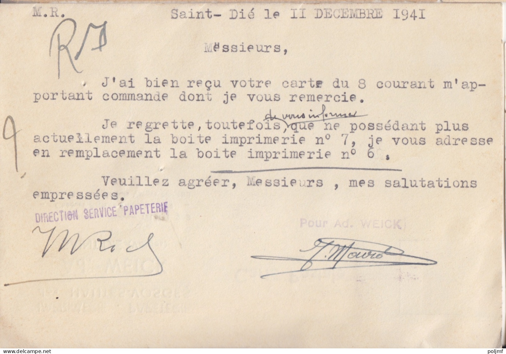 CP "Imprimerie - Papeterie" Obl. St Dié Le 11/12/ 41 Sur 40c X 2 Mercure N° 413 (tarif Du 1/12/39) Pour Sedan - 1938-42 Mercurius