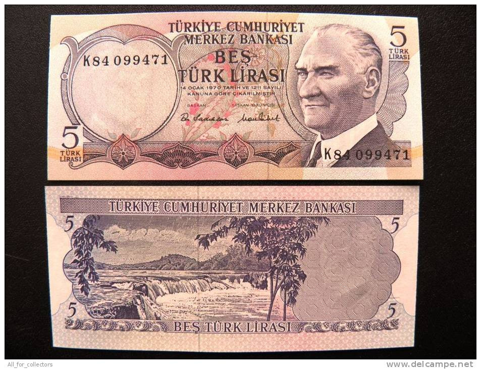 UNC Banknote From Turkey #185 5 Lira 1970 (1976) Waterfall - Turkey