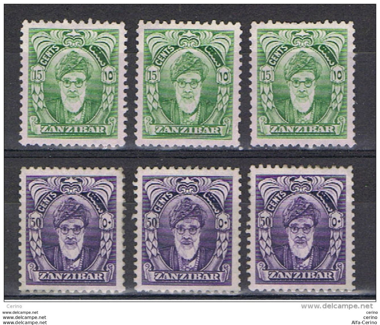 ZANZIBAR:  1952  SEYYID  -  LOT  6  UNUSED  STAMPS  NO  GLUE  -  YV/TELL. 209 + 215 - Zanzibar (...-1963)