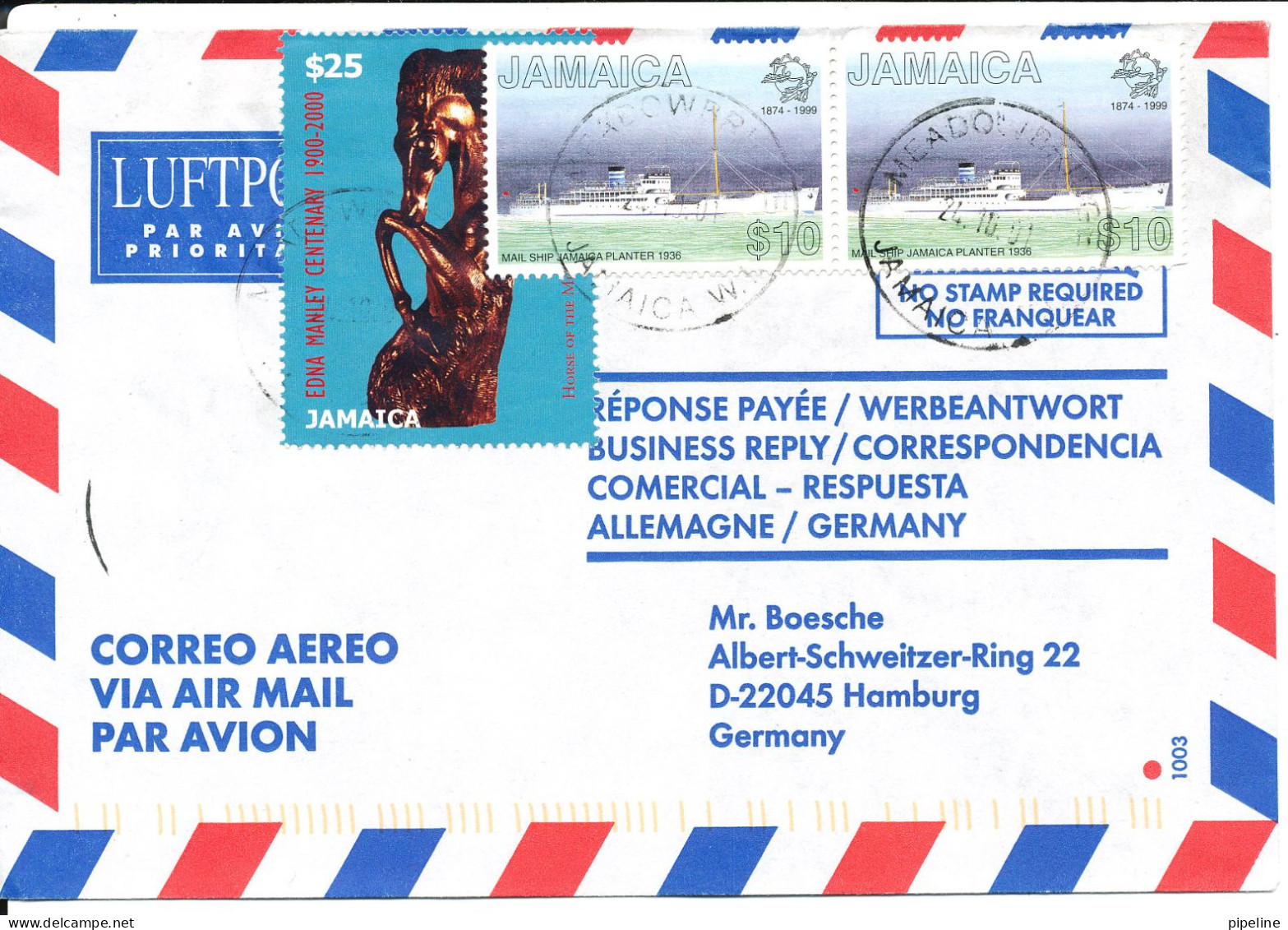 Jamaica Air Mail Cover Sent To Germany 24-10-2001 Topic Stamps - Jamaica (1962-...)