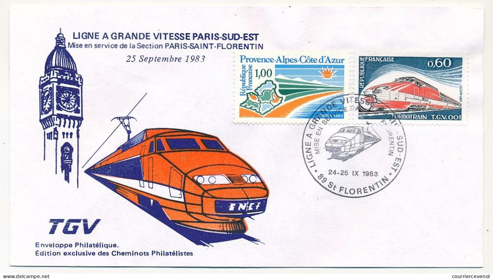 Env. Illustrée Affr 1,00F Paca + 0,60F Turbotrain -  "Ligne à Grande Vitesse Paris Sud Est"  St Florentin 24-25/9/1983 - Trains
