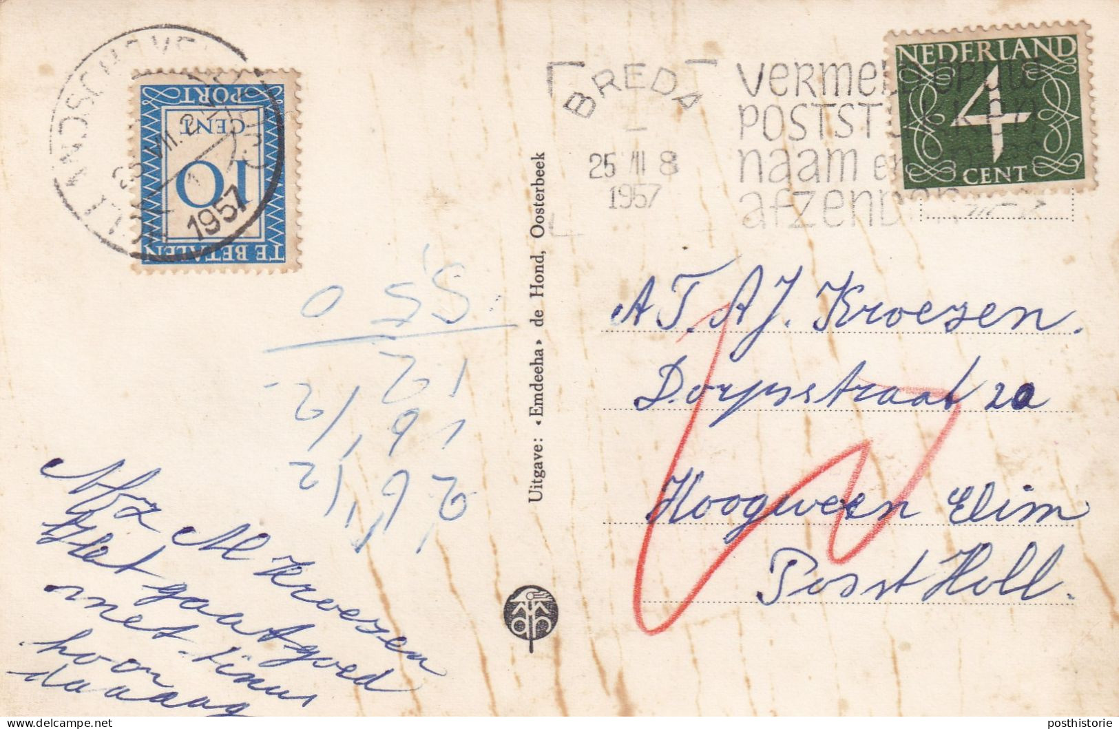 Ansicht Breda 25 Jul 1957 Breda Naar Hollandscheveld (kortebalk) Portzegel 10 Cent - Strafportzegels