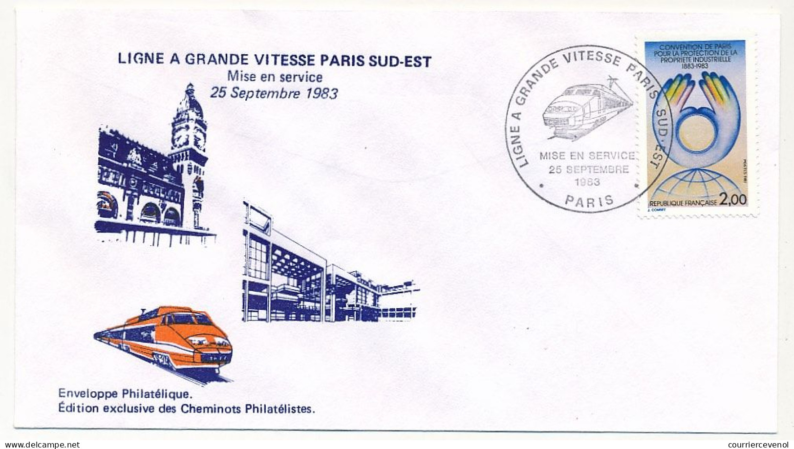 Env. Illustrée Affr 2,00F Protection Industrielle -  "Ligne à Grande Vitesse Paris Sud Est"  Paris 24-25/9/1983 - Trenes