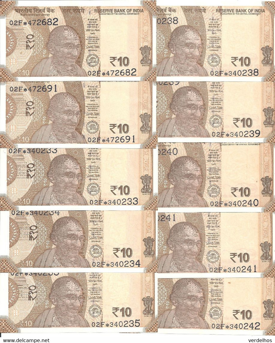 INDE 10 RUPEES 2018 UNC P 109 G ( 10 Billets ) - Indien