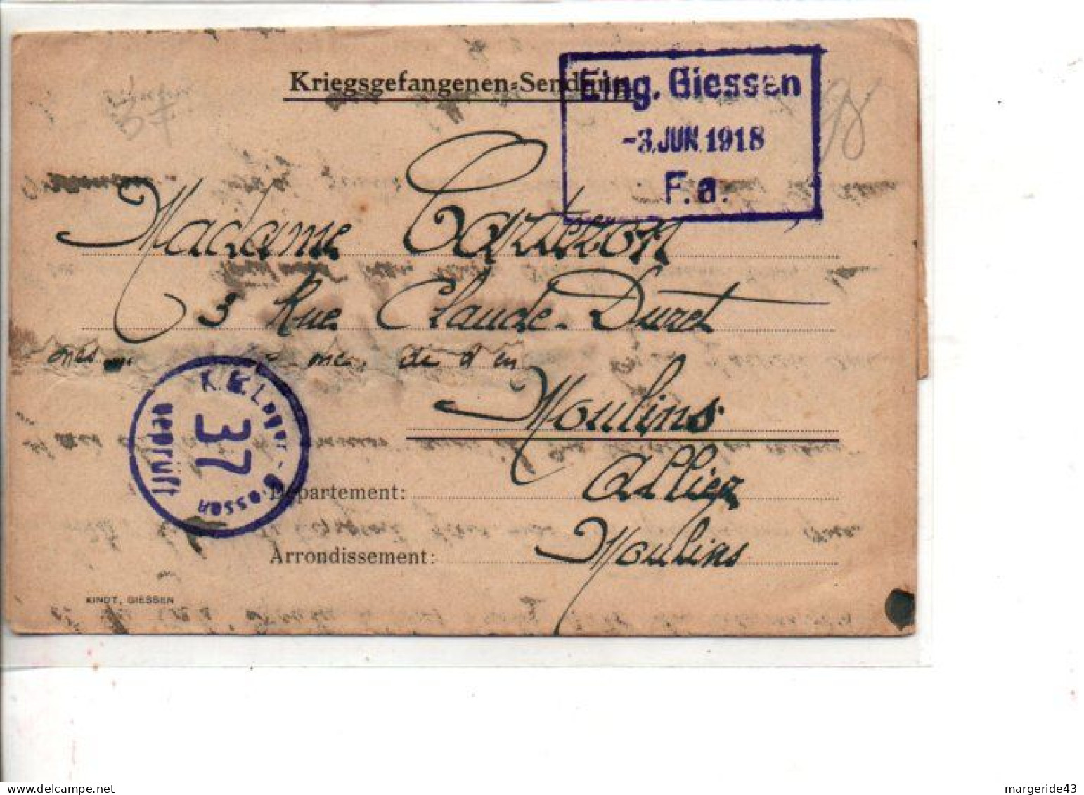 COURRIER PRISONNIER FRANCAIS 1918 - Courriers De Prisonniers